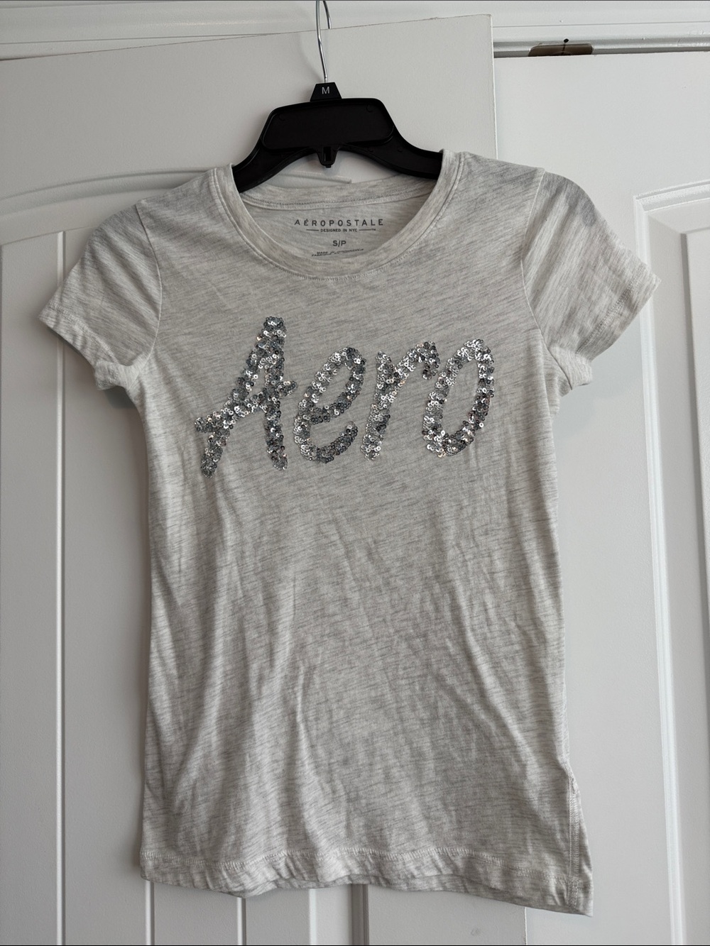 Aeropostale Light Gray Short Sleeve Tee with Silver Sequin 'Aero'
